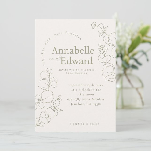 Olive Green Minimalistisch Botanical Wedding Einladung (Stehend Vorderseite)