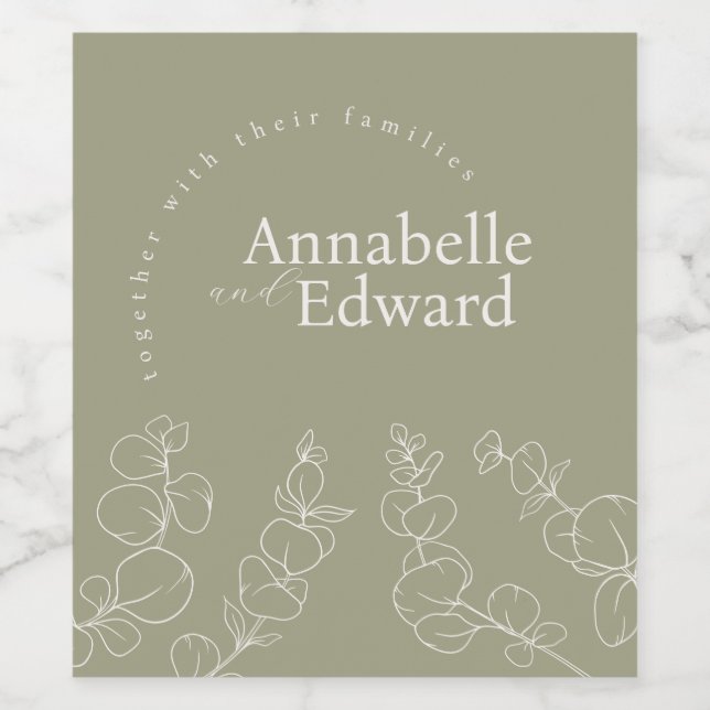 Olive Green Minimalistisch Botanical Wedding Weinetikett (Einzelnes Label)