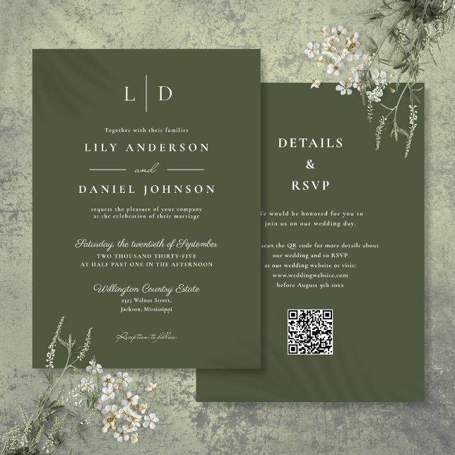 Olive Green Minimalistisch Monogram QR Code Weddin Einladung (Olive Green Minimalist Monogram QR Code Wedding Invitation)