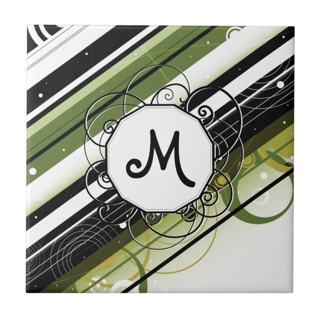 Olive Green Modern Retro Streifen mit Monogramm Fliese (Vorderseite)