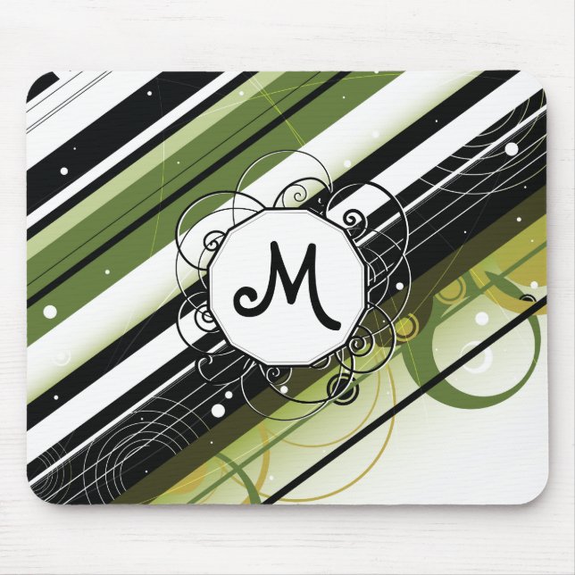 Olive Green Modern Retro Streifen mit Monogramm Mousepad (Vorne)