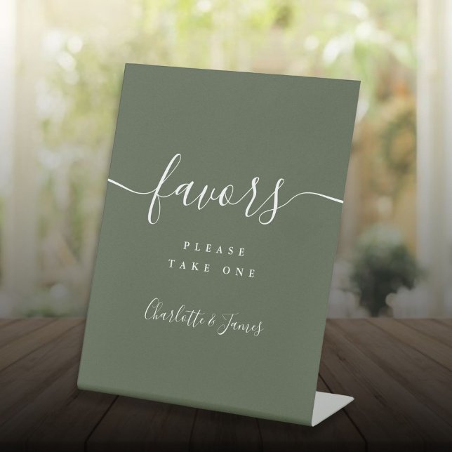 Olive Green Modern Script-Gastgeschenke Hochzeit Sockelschild (Olive Green Modern Script Wedding Favors Table Pedestal Sign)