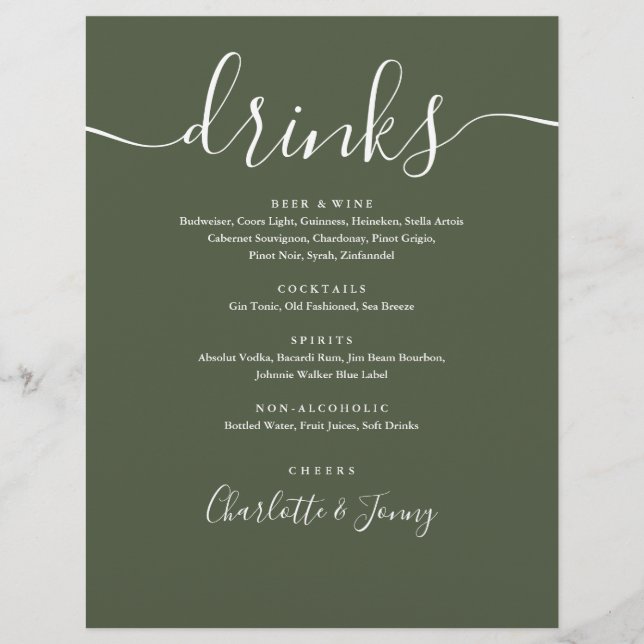Olive Green Modern Script Wedding Drinks Menü (Vorne)