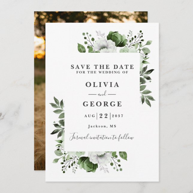 Olive Green Modern Watercolor Foto Hochzeit Save The Date (Vorne/Hinten)