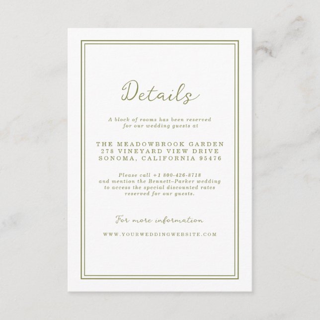 Olive Green Modern Wedding Details Card Begleitkarte (Vorderseite)