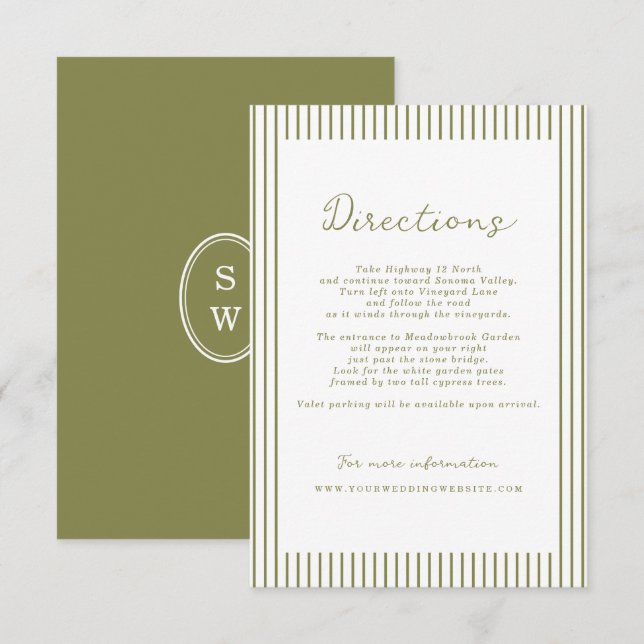 Olive Green Modern Wedding Directions Card Begleitkarte (Vorne/Hinten)
