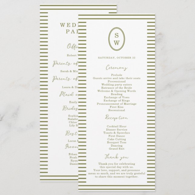 Olive Green Modern Wedding Program Card Einladung (Vorne/Hinten)