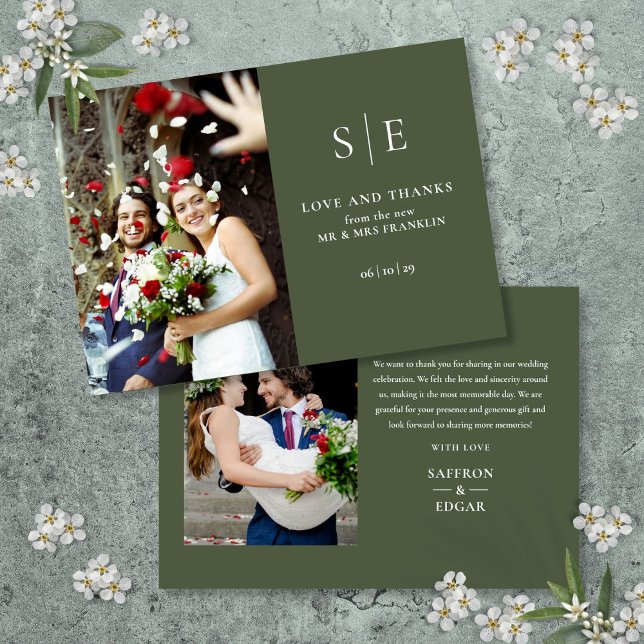 Olive Green Monogram 2 Foto Wedding Dankeskarte (Olive Green Monogram 2 Photo Wedding Thank You Card)
