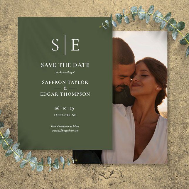 Olive Green Monogram Foto Wedding Save The Date (Olive Green Monogram Photo Wedding Save The Date)