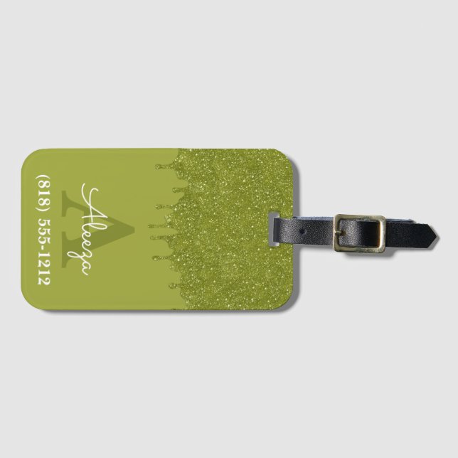 Olive Green Monogram Glitzer Tropfen Gepäckanhänger (Vorderseite (Horizontal))