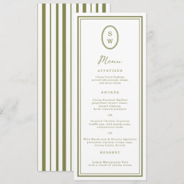 Olive Green Monogram Long Wedding Menu Card Einladung
