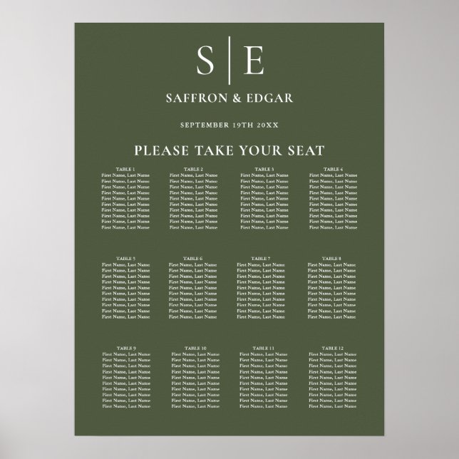 Olive Green Monogram Wedding Chart Poster (Vorne)