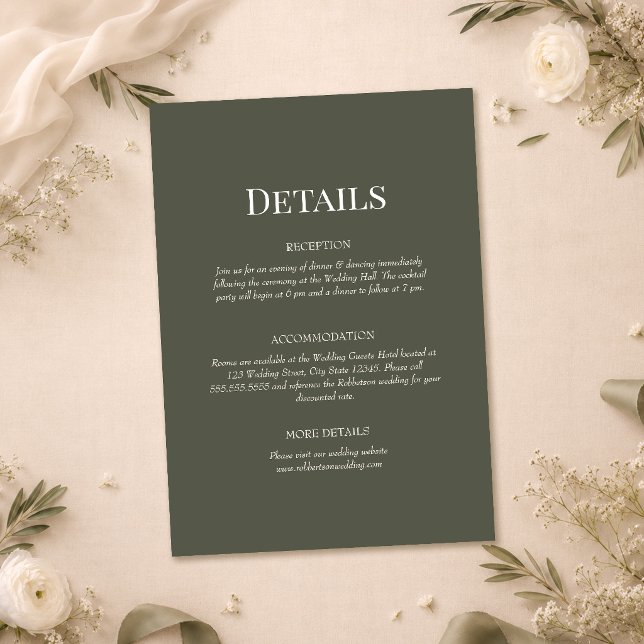 Olive Green Monogram Wedding Details Card Einladung (Dark Olive Minimalist Monogram Wedding Details Invitation on a wedding table with white flowers)