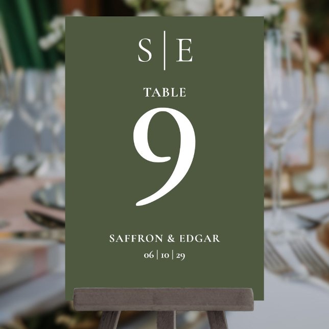 Olive Green Monogram Wedding Tischnummer (Olive Green Monogram Wedding Table Number)