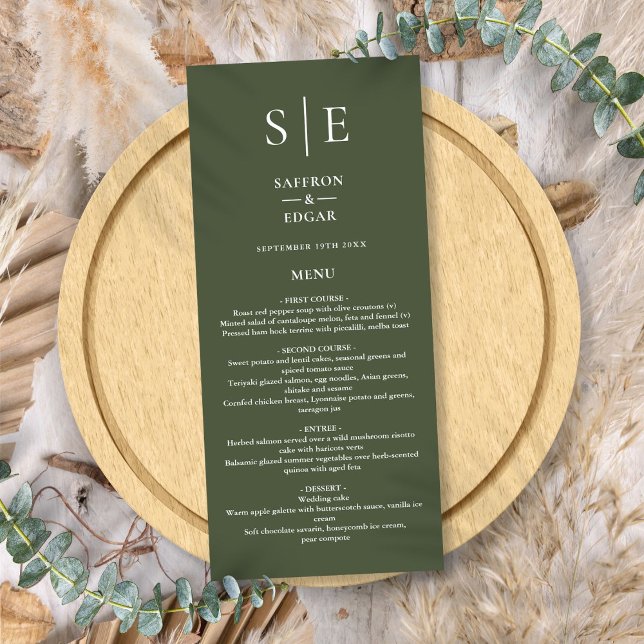 Olive Green Monogram Wedning Dinner Menükarte (Olive Green Monogram Wedding Dinner Menu)