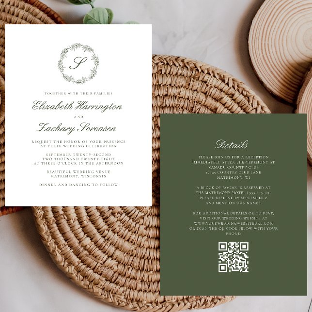 Olive Green Monogram Wreath QR Code Hochzeit (Von Creator hochgeladen)