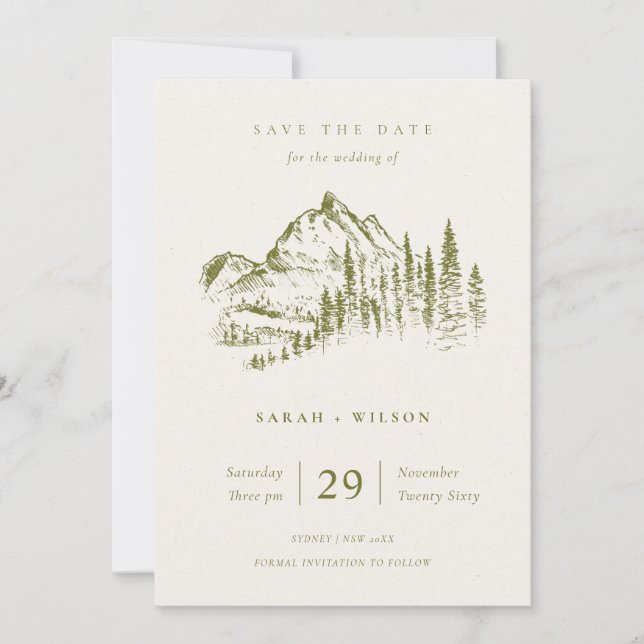 Olive Green Pine Mountain Sketch Save the Date Dankeskarte (Vorderseite)