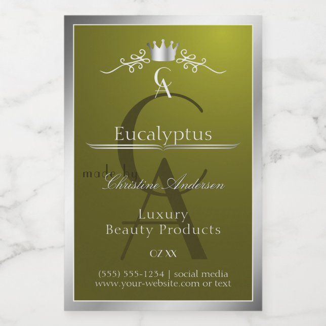 Olive Green Product Label Silver Frame Monogram Lebensmitteletikett (Einzelnes Label)