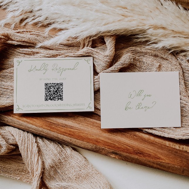 Olive Green QR Code Hand Written Drawn Wedding RSVP Karte (Von Creator hochgeladen)