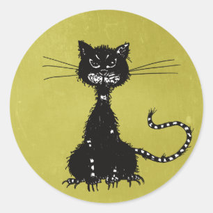 Olive Green Ragged Evil Black Cat Runder Aufkleber