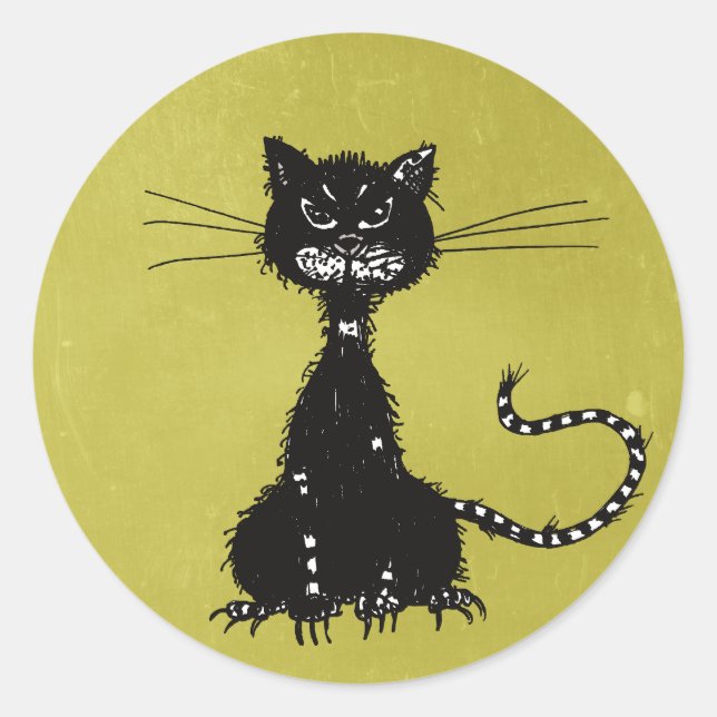 Olive Green Ragged Evil Black Cat Runder Aufkleber (Vorderseite)