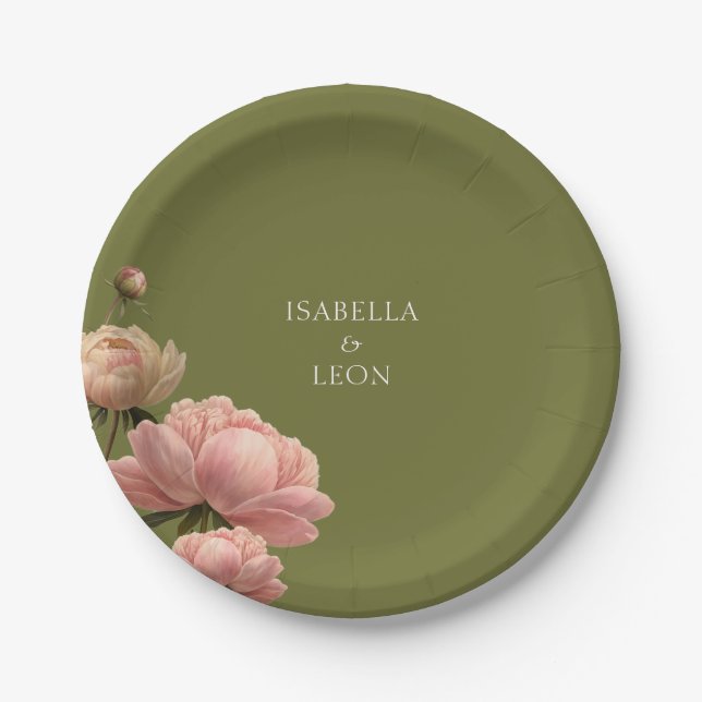 Olive Green & Rose Wedding Pappteller (Vorderseite)