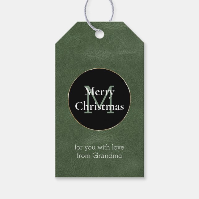 Olive Green Schwarz-weiß Gold Monogram Christmas Geschenkanhänger (Vorderseite)