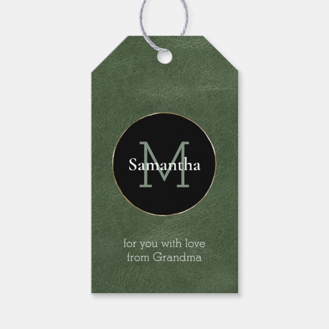 Olive Green Schwarz-weiß Gold Monogram Christmas Geschenkanhänger (Vorderseite)