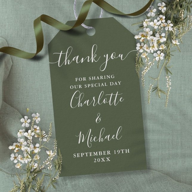 Olive Green Script Dankeschön Gastgeschenk Hochzei Geschenkanhänger (Olive Green Script Thank You Wedding Favor Gift Tags)