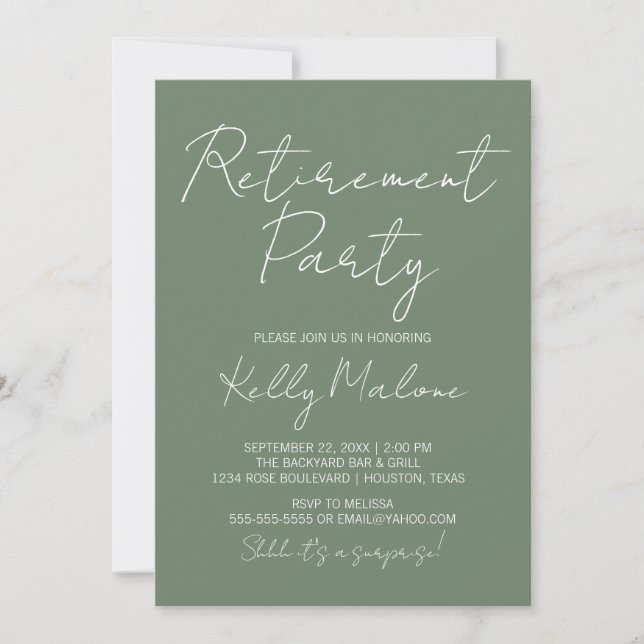 Olive Green Script Retirement-Party Einladung (Vorderseite)