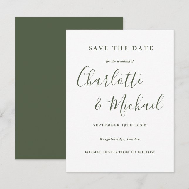 Olive Green Script Wedding Save the Date Postcard Postkarte (Vorne/Hinten)