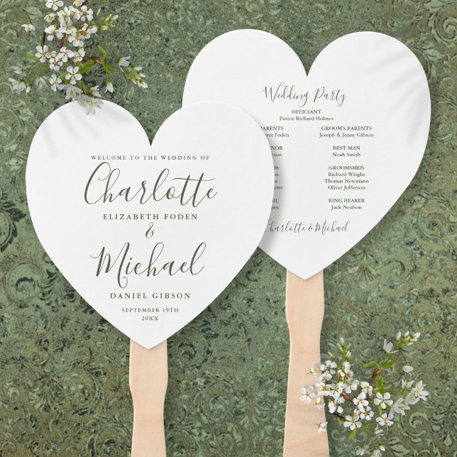 Olive Green Script Wedding Zeremonie Herz Fächer (Olive Green Script Wedding Ceremony Heart Hand Fan)