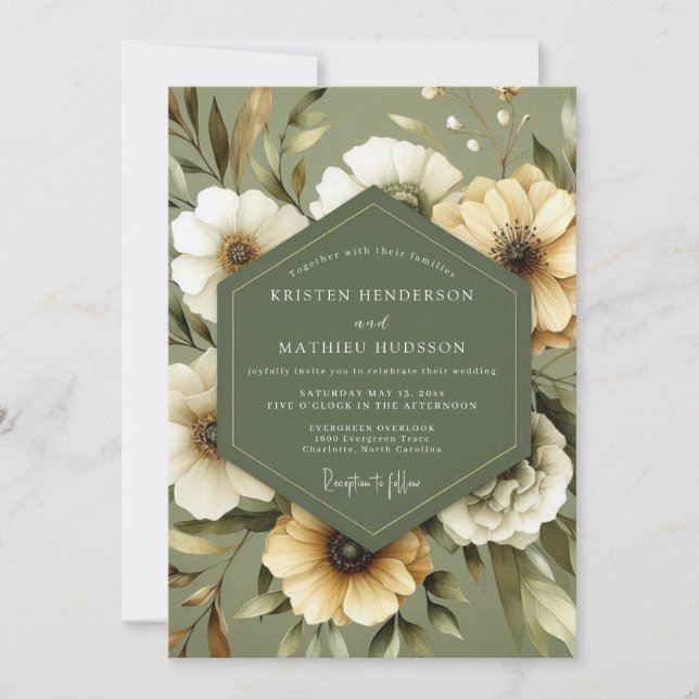 Olive Green Serene Bloom Wedding Einladung (Vorderseite)