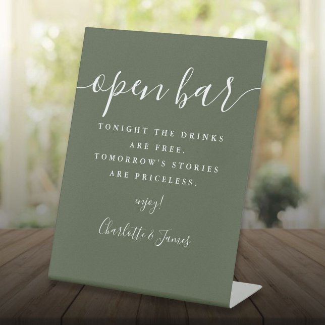 Olive Green Signature Script Open Bar Sockelschild (Olive Green Signature Script Open Bar Pedestal Sign)