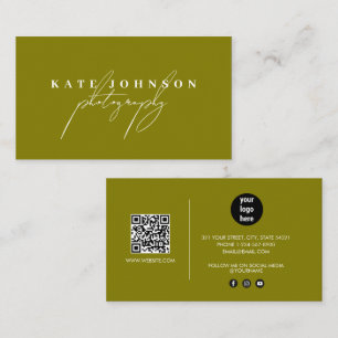 Olive Green Signature Script QR Code Social Media Visitenkarte
