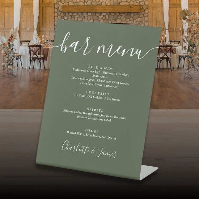 Olive Green Signature Script Wedding Bar Menu Sockelschild (Olive Green Signature Script Wedding Bar Menu Pedestal Sign)