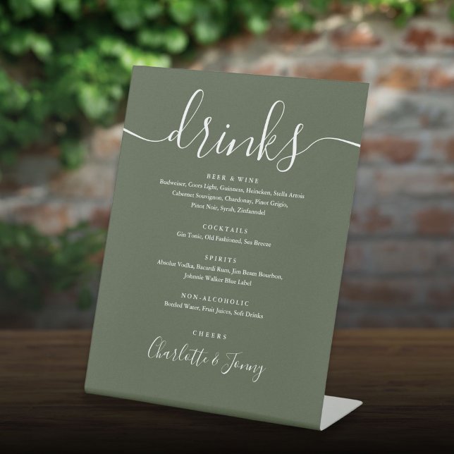 Olive Green Signature Script Wedding Drinks Menü Sockelschild (Olive Green Signature Script Wedding Drinks Menu Pedestal Sign)