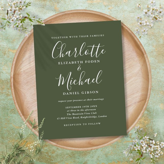 Olive Green Signature Script Wedding Einladungspostkarte (Olive Green Signature Script Wedding Invitation Postcard)