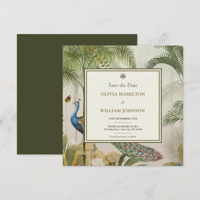 Olive Green Square Tropical Peacock Palm Save The Date (Vorne/Hinten)