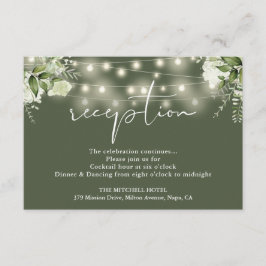 Olive Green String Lights Floral Wedding Reception Begleitkarte