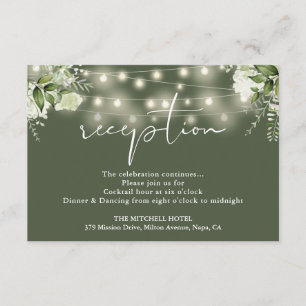 Olive Green String Lights Floral Wedding Reception Begleitkarte