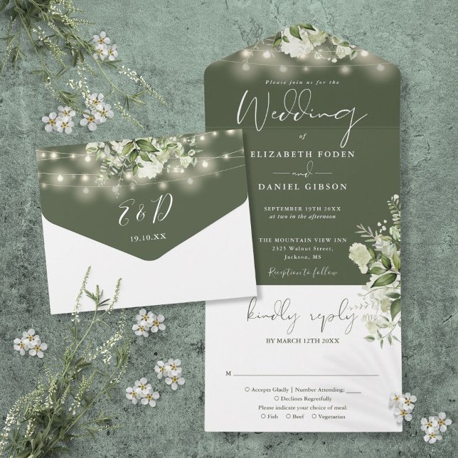 Olive Green String Lights Grüne Blumenzange All In One Einladung (Olive Green String Lights Greenery Floral Wedding All In One Invitation)