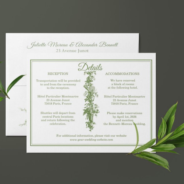 Olive Green Toile de Jouy Wedding Details Enclosur Begleitkarte (Von Creator hochgeladen)