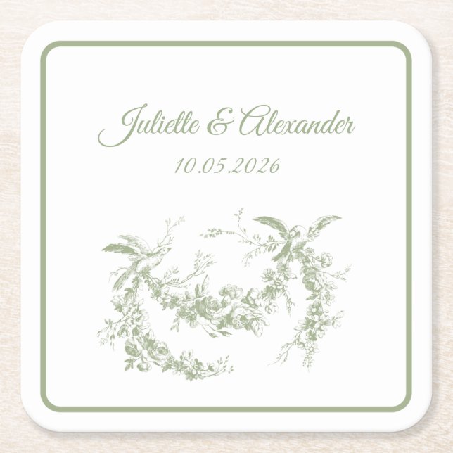 Olive Green Toile de Jouy Wedding Paper Coasters Rechteckiger Pappuntersetzer (Vorderseite)