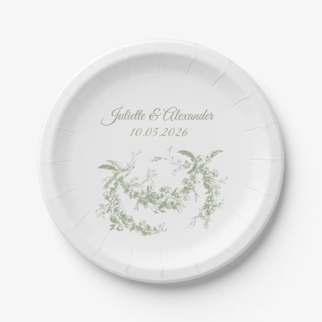 Olive Green Toile de Jouy Wedding Paper Plates Pappteller (Vorderseite)