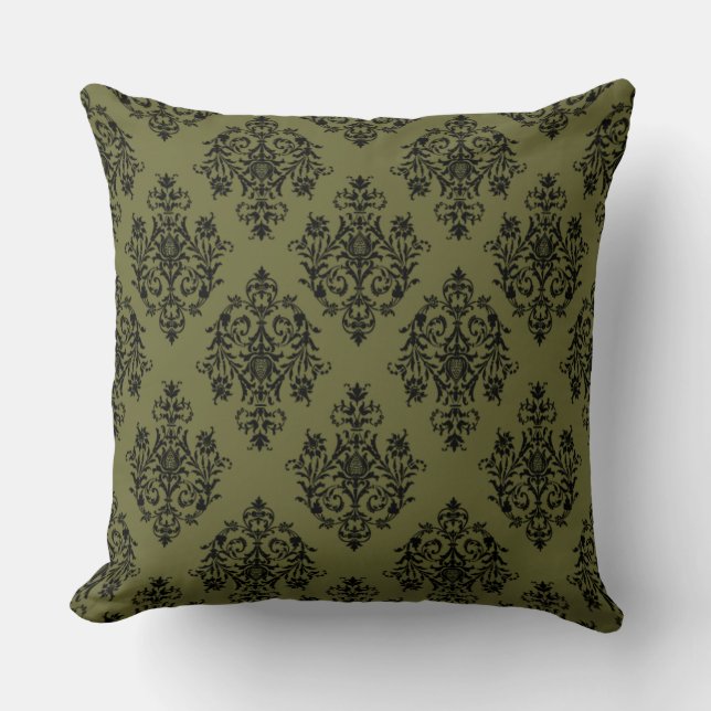 Olive Green und Black Damask Muster Kissen (Vorderseite)