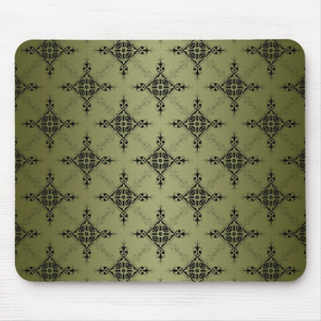 Olive Green und Black Damask Muster Mousepad (Vorne)