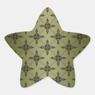 Olive Green und Black Damask Muster Stern-Aufkleber