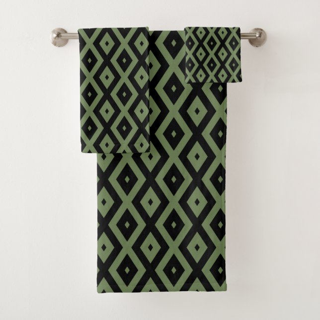 Olive-Green-und Black-Diamant-Muster Badhandtuch Set (Insitu)