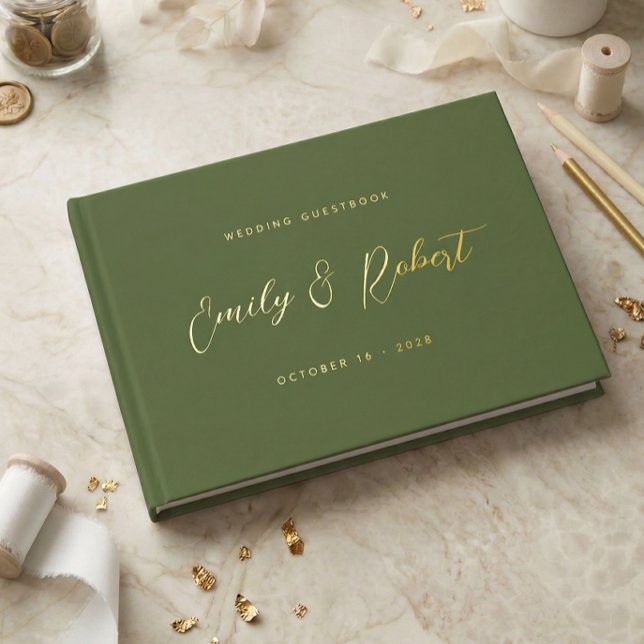 Olive Green und Gold Elegante Script Wedding Gästebuch (Von Creator hochgeladen)